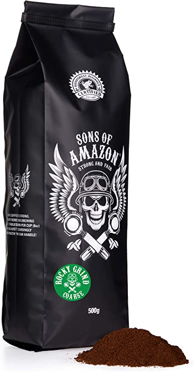 Sons of Amazon - 500g - Australia's Strongest Ground Coffee - High Caffeine Coffee Bags - Ethically Sourced - STRONG AND FAIR - Rocky Grind