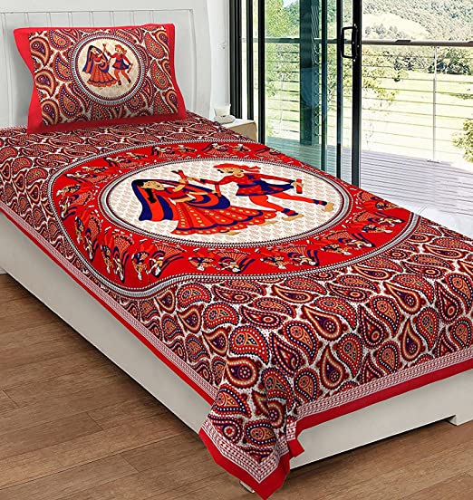 Classic 144 TC Cotton Single Bedsheet with Pillow Cover - Abstract, Red