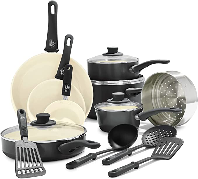 GreenLife Soft Grip Healthy Ceramic Nonstick, 16 pc Cookware Pots and Pans Set, PFAS-Free, Dishwasher Safe, Black & Cream