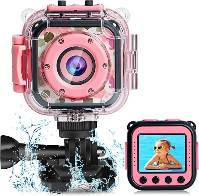 PROGRACE Children Kids Camera Waterproof Digital Video HD Action Camera 1080P Sports Camera Camcorder DV for Girls Birthday Learn Camera Toy 1.77'' LCD Screen (Pink)