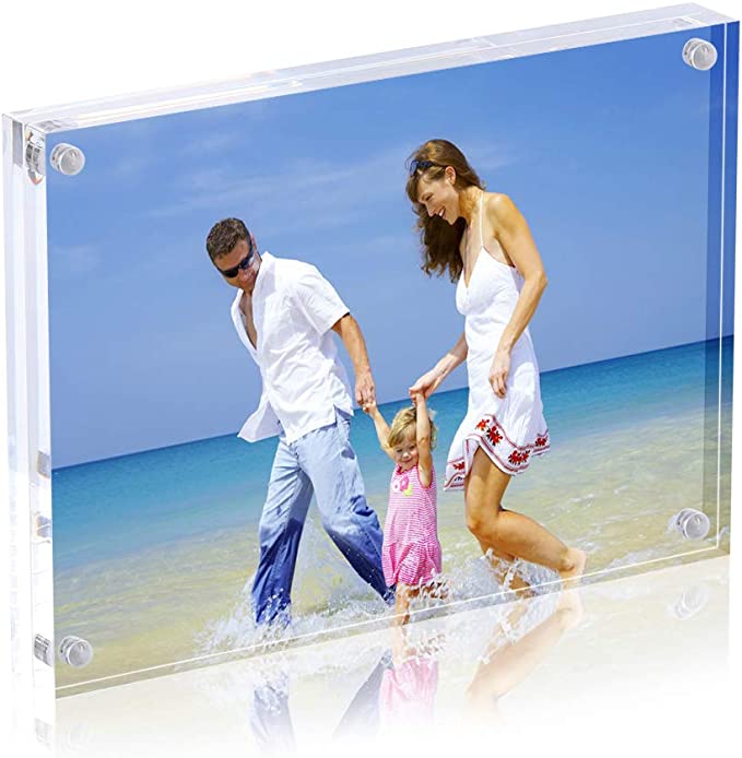 Acrylic Photo Frame 5x7 inches, Free Standing Desktop Double Sided Magnetic Picture Display, 10 + 10MM Thickness Clear Magnet Photo Frame with Microfiber Cloth, Gift Box Package