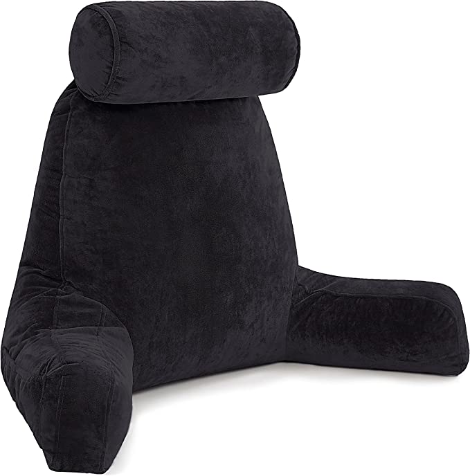 XXL Husband Pillow Black Backrest with Arms - Adult Reading Pillow with Shredded Memory Foam, Ultra-Comfy Removable Microplush Cover & Detachable Neck Roll - Unmatched Support Bed Rest Sit Up Pillow