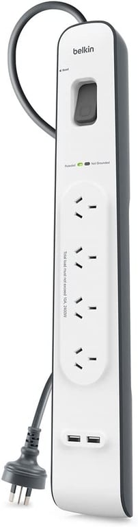 Belkin 4-Outlet Surge Protection Strip with 2,4 Amp USB Charging, White/Grey (BSV401au2M)