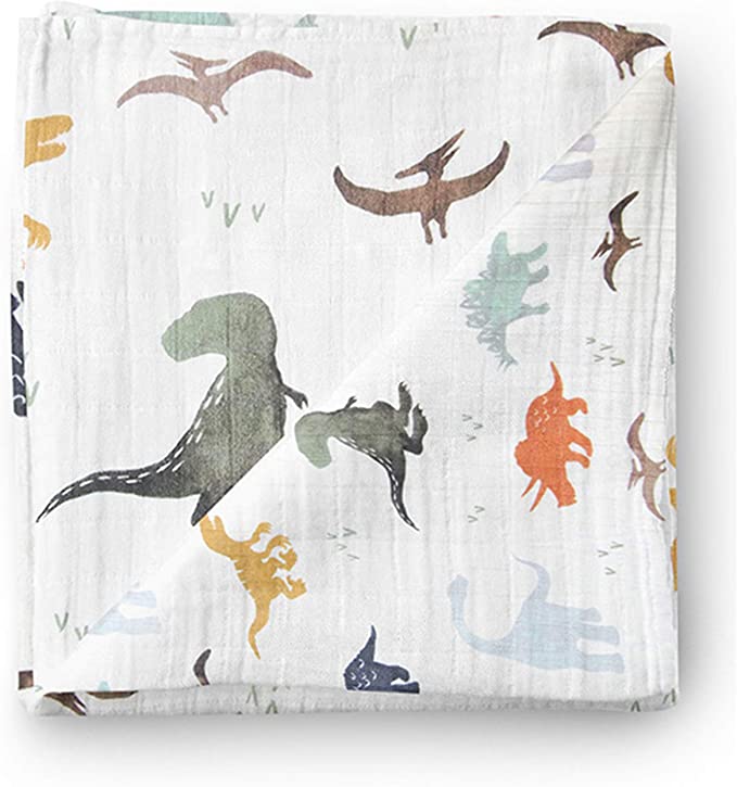 Aenne Baby Muslin Baby Swaddle Blanket Dinosaur Dino Print, Baby Shower Gifts, Luxurious, Soft and Silky, Bamboo Cotton, Large 120 x 120 cm, (1pack), Baby boy Nursing Cover, wrap, Burp Cloth
