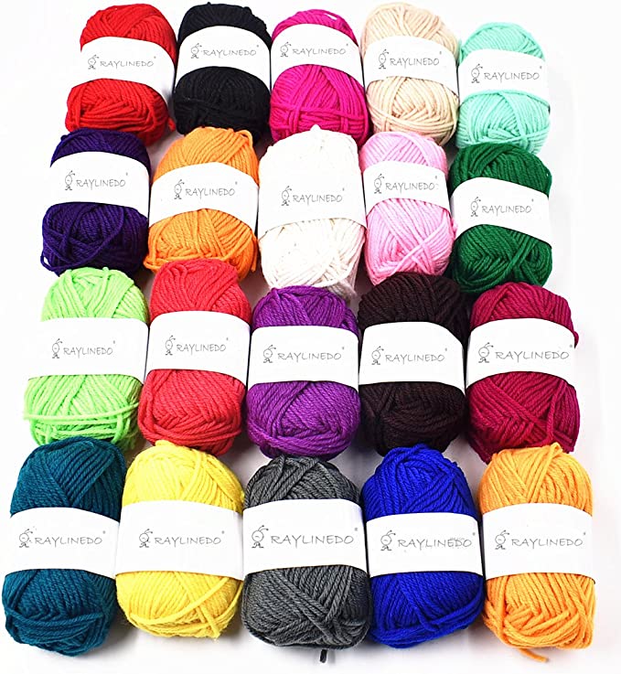 RayLineDo Pack 20 x 25g Ball Assorted Colors 100% Acrylic Knitting Yarn Crochet Crafts Total of 900m Colourful Yarn with 3 Crochets