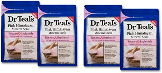Dr. Teal's Pink Himalayan Pure Epsom Salt Soaking Solution Gift Set (4 Pack, 3lbs ea.) - Restore & Replenish with Essential Oils Eases Sore Muscles - Bergamot & Sweet Orange Provide Relief From Stress