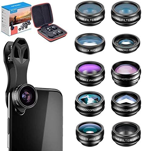 Apexel 10 in 1 Cell Phone Camera Lens Kit, Wide Angle Lens & Macro Lens+Fisheye Lens+Telephoto Lens+CPL/Flow/Radial/Star Filter+Kaleidoscope 3/6 Lens for iPhone Samsung Sony and Most of Smartphone (10 in 1)