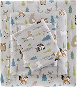 True North by Sleep Philosophy Cozy Flannel Warm 100% Cotton Sheet - Novelty Print Animals Stars Cute Ultra Soft Cold Weather Bedding Set, King, Multi Forest Animals 4 Piece