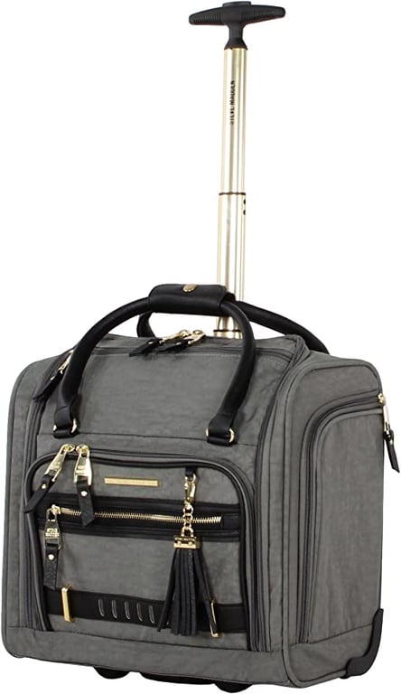 Steve Madden Designer 15 Inch Carry On - Weekender Overnight Business Travel Luggage - Lightweight 2- Spinner Wheels Suitcase - Under Seat Rolling Bag for Women, Peek-A-Boo Grey, One_Size