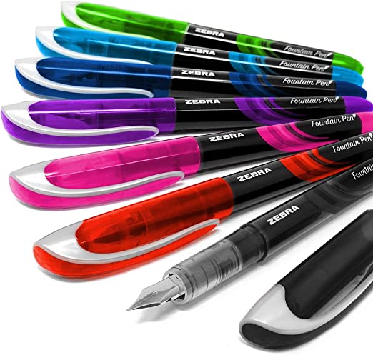 Zebra Fuente - Disposable Fountain Pen - One of Each Coloured Ink - Pack of 7