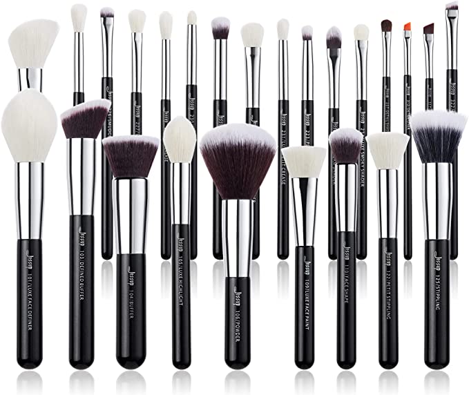 Jessup Brand 25pcs Professional Makeup Brush Set Beauty Cosmetic Foundation Powder Blush Eyeshadow Blending Natural-Synthetic Hair Brushes set (Black+Silver)