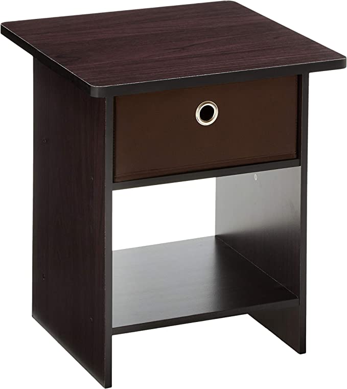 (Dark Walnut) - Furinno 10004DWN End Table/Night Stand Storage Shelf with Bin Drawer, Dark Walnut