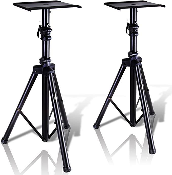 Pyle Dual Studio Monitor 2 Speaker Stand Mount Kit - Heavy Duty Tripod Pair and Adjustable Height from 34.0” to 53.0” w/ Metal Platform Base - Easy Mobility Safety PIN for Structural Stability PSTND32