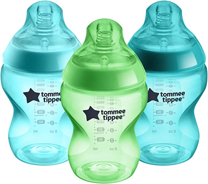 Tommee Tippee Closer to Nature Newborn Baby Bottles, Slow Flow Breast-Like Teat with Anti-Colic Valve, 260ml, Pack of 3, 0 Months+,Colours and Designs May Vary