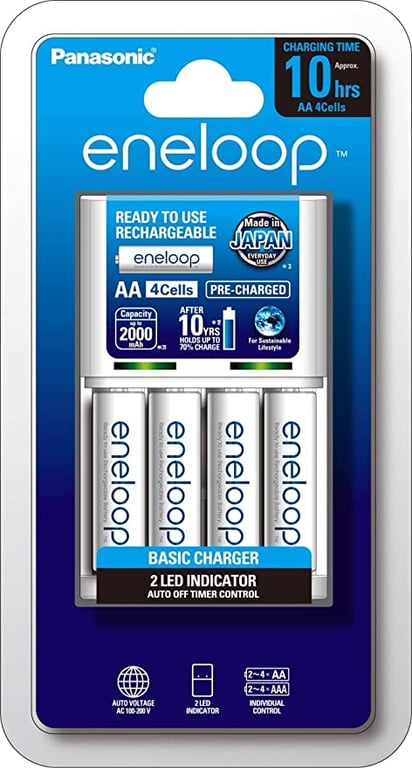 Panasonic AA & AAA Eneloop Overnight Basic Battery Charger, 1-Pack + Eneloop AA Pre-Charged Rechargeable Batteries, 4-Pack (K-KJ51MCC4TA)