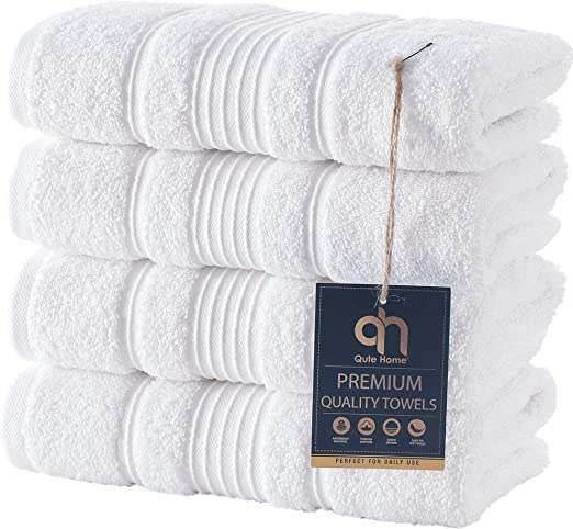 Qute Home 4-Piece Hand Towels Set, 100% Turkish Cotton Premium Quality Towels for Bathroom, Quick Dry Soft and Absorbent Turkish Towel Perfect for Daily Use, Set Includes 4 Hand Towels (White)