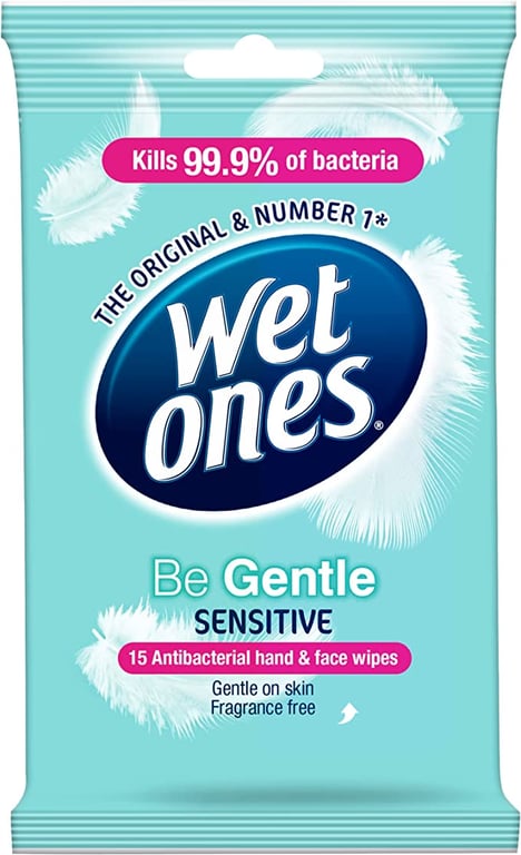 Wet Ones Be Gentle Sensitive Antibacterial Hand & Body wipes, 15 Wipes, Travel pack, Fragrance and paraben free, Contains Aloe, Mild & gentle formula