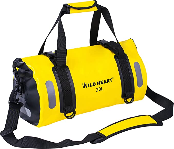 WILD HEART Waterproof Bag Duffel Bag 20L with Welded Seams Shoulder Straps Mesh Pocket for Kayaking Camping BoatingBycycleMotorcycle (Yellow 20L)