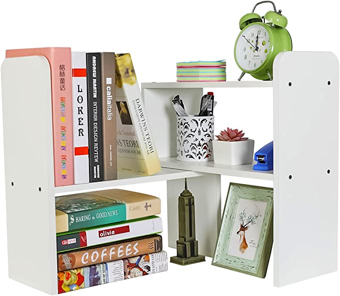 PAG Desktop Shelf Adjustable Wood Small Bookshelf Office Supplies Desk Organizer and Accessories Display Rack, Pure White