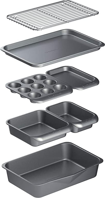 MasterClass Smart Space 7 Piece Non-Stick Stackable Bakeware Set: Roasting Pan, Square Cake Tin, Loaf Tin, Muffin Tray, Two Baking Trays and Cooling Rack, Gift Box