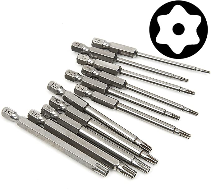Yakamoz Torx Head Screw Driver Bit Set, 11 Pcs Magnetic T6-T40 Security Tamper Proof Star 6 Point Screwdriver Drill Bits Tools with 1/4 Inch Hex Shank | 3 Inch/ 75mm Length