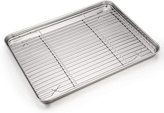 Baking Sheet and Rack Set, P&P CHEF Stainless Steel Cookie Sheet Baking Pan Tray with Cooling Rack, Non Toxic & Healthy, Rust Free & Dishwasher Safe
