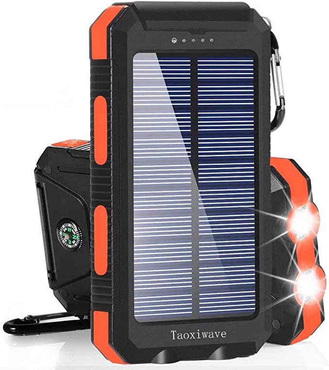 Solar Charger Solar Power Bank 20000mAh Waterproof Portable External Backup Outdoor Cell Phone Battery Charger with Dual LED Flashlights Solar Panel for iPhone Android Cellphones(Black & Orange)