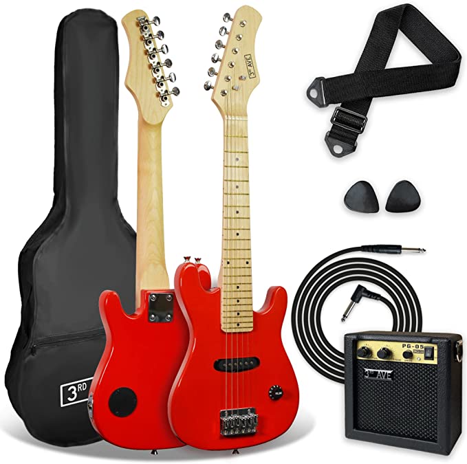 3rd Avenue 1/4 Size Kids Electric Guitar Pack for Junior Beginners - 6 Months FREE Lessons, 5W Portable Amp, Cable, Bag, Picks and Strap - Red