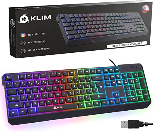 KLIM™ Chroma Gaming Keyboard QWERTY US Wired USB - High Performance - New Version - Chromatic Lighting Gaming Black RGB PC PS4 Windows Mac