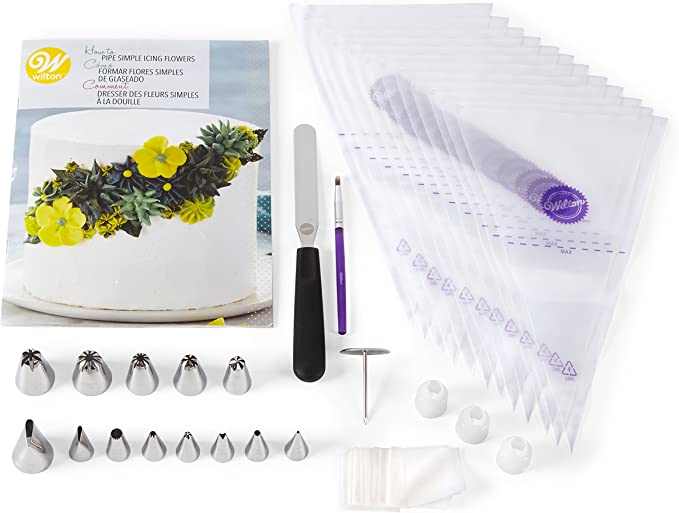 Wilton How to Pipe Simple Icing Flowers Kit -68-Piece Cake Decorating Kit with Spatula, Decorating Bags, Couplers, Decorating Brush, Decorating Tips, Flower Squares, Recipe and Tutorial Video