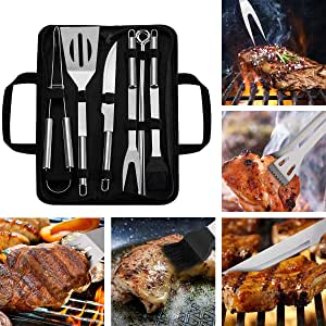 WOTOW Barbecue Grill Tools Set, Stainless Steel BBQ Accessories with Storage Bag Men Women Outdoor Grilling Kit Barbecue Grill Utensils for Camping Party and Picnic (9pcs)