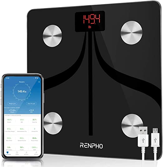 RENPHO Smart Body Fat Scales, Bluetooth Bathroom Scales High Precision Weighing Scale with Smart App, Body Composition Monitor for Body Fat, BMI, Body Weight, Muscle Mass, 280x280mm, USB Rechargeable