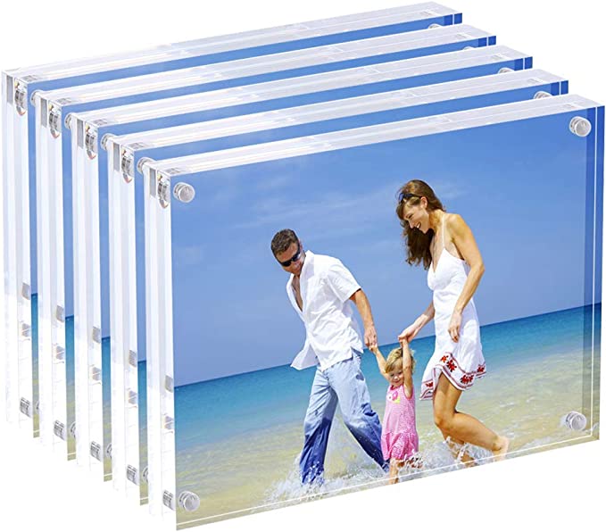 Acrylic Picture Frames, 4x6'' Clear Double Sided Block Set, Desktop Frameless Magnetic Photo Frame (5 Pack)