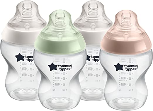 Tommee Tippee Closer to Nature Newborn Baby Bottles, Slow Flow Breast-Like Teat with Anti-Colic Valve, 260ml, Pack of 4, 0 Months+