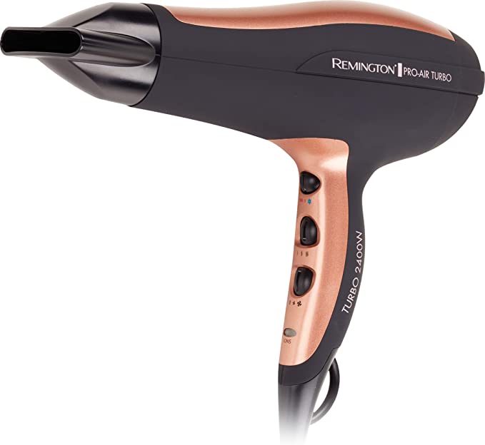Remington Pro-Air Turbo Hair Dryer, 2400W (AU Plug), Ceramic & Ionic Technology, Salon Professional Results with Less Frizz, Includes Diffuser & Round Brush - Black & Rose Gold