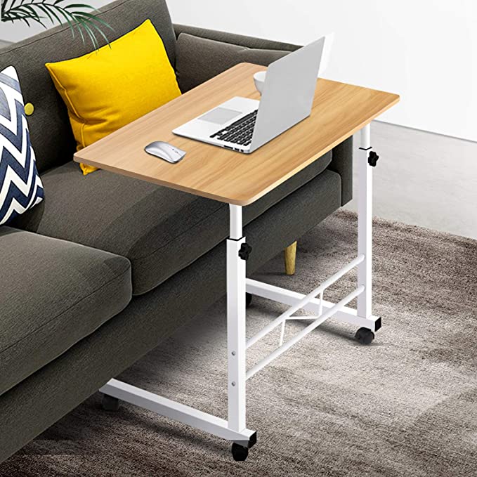 Mobile Laptop Desk Adjustable Height 360°Rotation Wooden Table Top Metal Frame Notebook Computer Stand Up Cart Study Work Dining Desk for Home Office - Light Wood