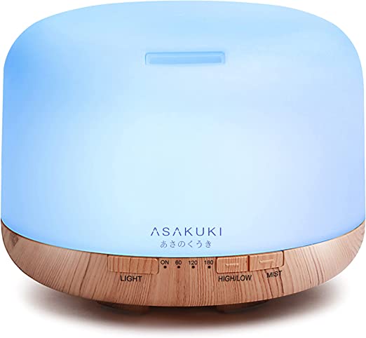 ASAKUKI 500ml Essential Oil Diffuser, 5 in 1 Ultrasonic Aromatherapy Fragrant Oil Vaporizer Humidifier, Timer and Auto-Off Safety Switch, 7 LED Light Colors
