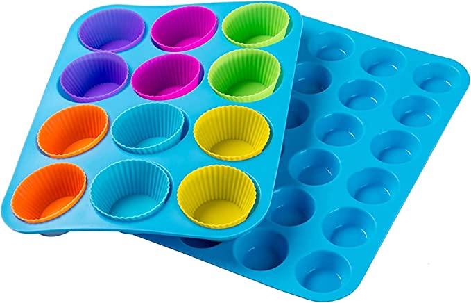 Cupcake Tray Silicone Muffin Molds Muffin Pans Mold 12 & 24 with Tray Baking Set Cups 12 Packs Mini/Large Multi Colors and Egg Whisk Non Stick, BPA Free & Dishwasher Safe Easy to Clean Red Tins (Muffin Pan)