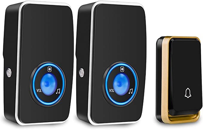 『No Battery Required』Wireless Doorbell Waterproof, AURTEC Door Chime Kit with 2 Plug-in LED Flash Receivers & 1 Press Self-Powered Transmitter, 51 Chimes, 4 Volume Levels, No Battery Required, Black