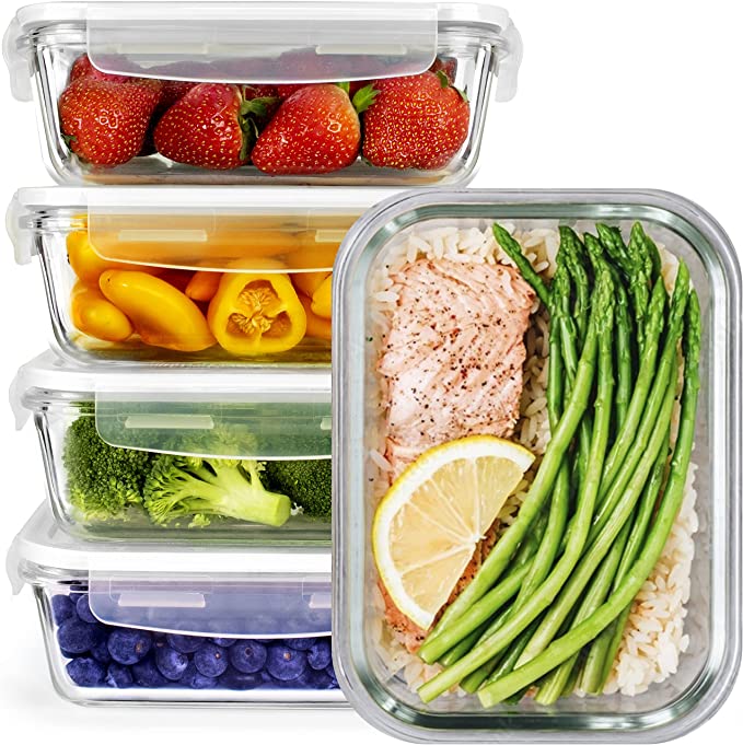 [5-Pack] Glass Meal Prep Containers - Food Prep Containers with snap locking Lids - Food Storage Containers Airtight - Lunch Containers Portion Control Containers - dishwasher, microwave, oven and freezer safe - BPA Free Container [28 ounce]