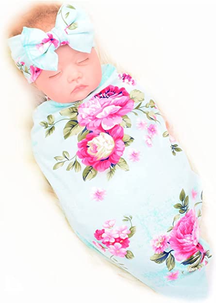 Galabloomer Newborn Receiving Blanket Headband Set Flower Print Baby Swaddle Receiving Blankets