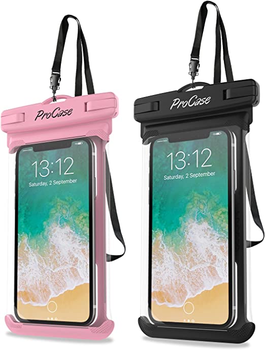 ProCase Universal Waterproof Case Phone Dry Bag Pouch for iPhone 14 13 Pro Max Mini 12 11 Pro Max XR XS X 8 7 6S Plus SE, Galaxy S21 S20 S10 S9 Note 10 9 Pixel Up to 7" -2Pack,Pink/Black