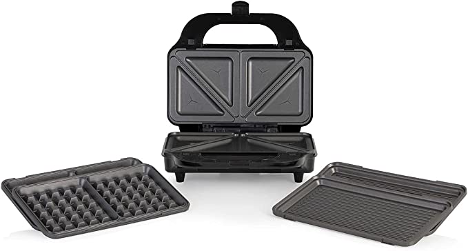 Tower T27020 3-in-1 Grill, Sandwich and Waffle Maker with Non-Stick, Easy Clean Removable Plates, Automatic Temperature Control, Aluminium, 900 W, Silver/Black