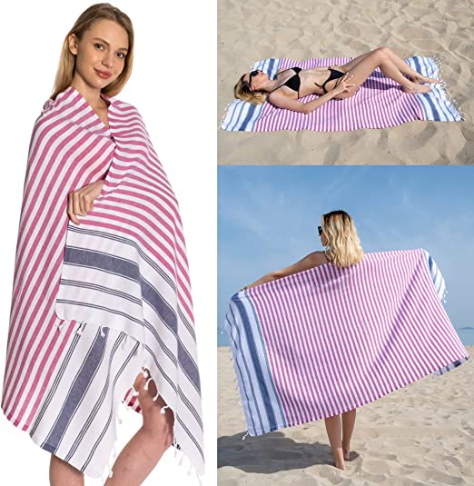 DEMMEX 2018 Ibiza Turkish Cotton Beach Towel Blanket, XXL 75"x37" (Fuschia-Navy)