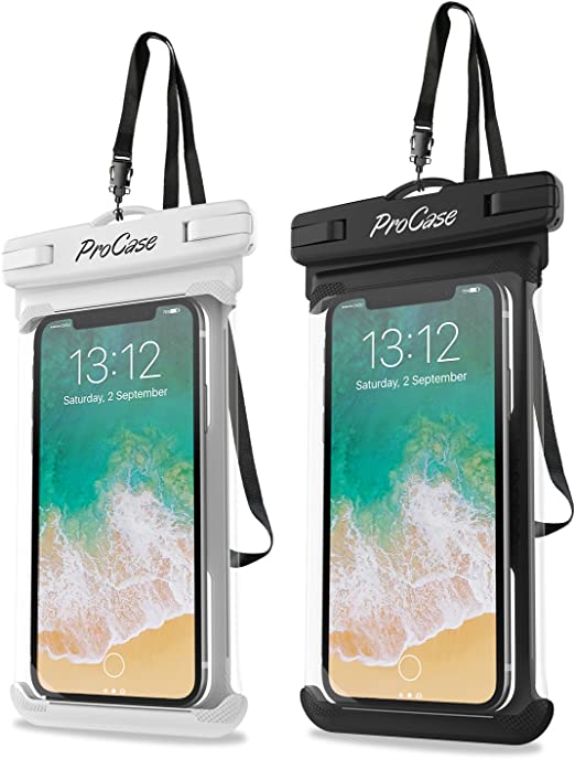 ProCase Universal Waterproof Case Phone Dry Bag Pouch for iPhone 14 13 Pro Max Mini 12 11 Pro Max XR XS X 8 7 6S Plus SE, Galaxy S21 S20 S10 S9 Note 10 9 Pixel Up to 7" -2Pack,White/Black