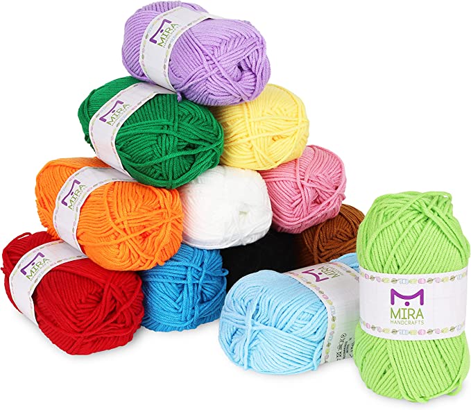 Acrylic Yarn Skeins Large 1.76 Ounce(50g) Each – 12 Multicolor Knitting and Crochet Yarn Bulk – Starter Kit for Colorful Craft - 7 Ebooks with Yarn Patterns - by Mira HandCrafts (12 Pack)