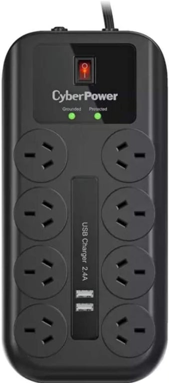 CyberPower 8 Outlet Power board with 2 USB charge port, Surge and Overload Protection, EMI and RFI Filtration, 2m Cable, On/Off switch and LED indicator, 2m lead for Home and Home Office