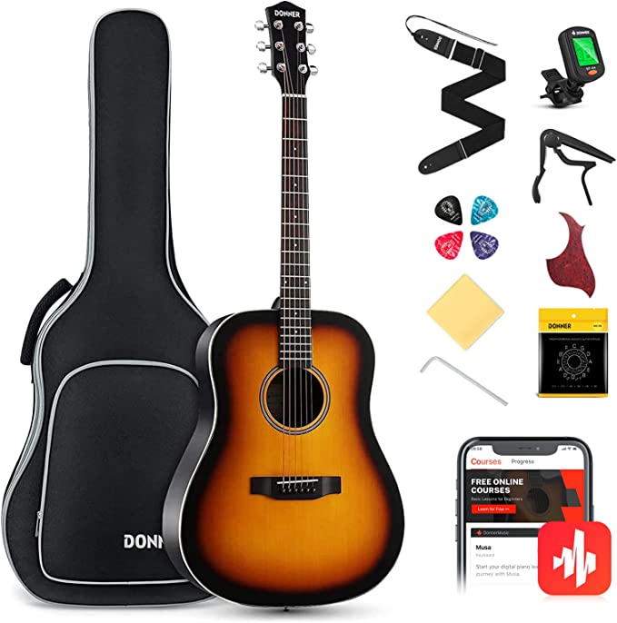 Donner Sunburst Acoustic Guitar Package DAG-1S Beginner Guitar Dreadnought With Bag Tuner Strap String Picks