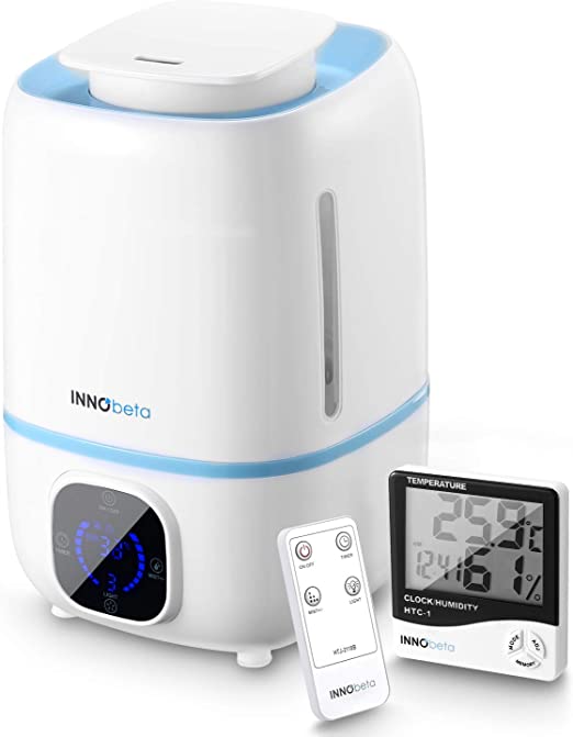 InnoBeta Cool Mist Humidifier, 3L Ultrasonic Humidifiers for Large Bedroom Home Office, Super Quiet for Baby Children Elders Adults Plants, Easy to Clean and Fill, Auto Shut-Off with Touch Panel and Remote Control +Thermo-Hygrometer Clock