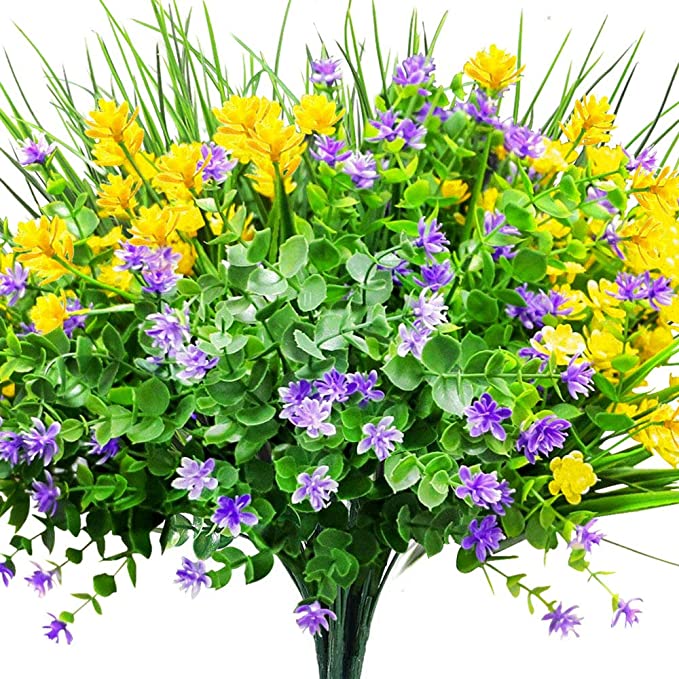 CEWOR 9pcs Artificial Flowers Outdoor UV Resistant Shrubs Plants Including Three Kinds of Flowers for Indoor Outside Hanging Planter Wedding Decor（Yellow, Purple, Green） (Colorful)